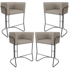 Kit 4 Banquetas Baixa Betina D02 Decorativo Aço Assento Estofado Linho Bege Preto Lyam Decor