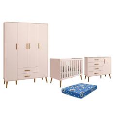 Dormitório Infantil Isis Guarda Roupa 4 Portas, Cômoda 1 Porta E Berço Rosa Com Colchão - Reller Móveis Rosa