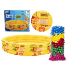 Piscina Inflável 190L Estampas 3 Anéis + 100 Bolinhas Cores - DM TOYS,