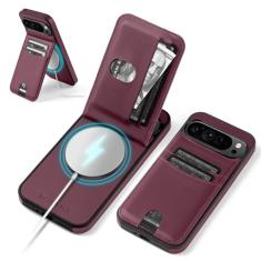 SkyEagle Capa carteira compatível com Magsafe para Google Pixel 9 Pro XL com suporte para cartão, com bloqueio de RFID, compartimentos para cartões de crédito, couro PU, homens e mulheres, para Pixel