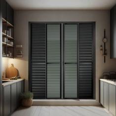 Porta De Correr Venez. 6 Folhas Moveis 210 X 240 Elite Com Fecho Automático Vidro Liso Preto