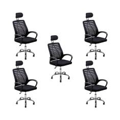 Kit 5 Cadeiras Escritório Diretor Tela Mesh Com Encosto De Cabeça Preto