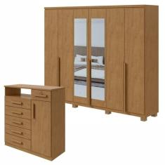Conjunto de Guarda-Roupa Alonzo com Espelho e pés e Cômoda Da Vinci com Nicho Amêndoa Clean