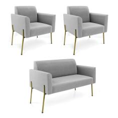 Sofá Namoradeira E 2 Poltronas Pé De Ferro Dourado Marisa Suede D03 Cinza