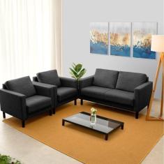 Conjunto Sofá 2 Lugares com USB e 2 Poltronas em Linho Antúrio CabeCasa MadeiraMadeira Cinza Escuro