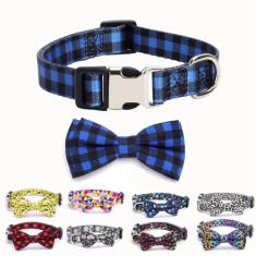 Xs Coleira para cães com laço, gravata borboleta com estampa xadrez azul bonita coleira de gatinho para meninos e filhotes para cães de estimação pequenos, médios e grandes raças machos, PP