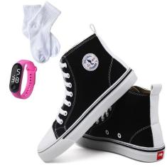 Kit Tênis Casual Feminino Cano Médio Liso + Relógio + Meia - Polo Blu,