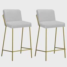 Kit 02 Banqueta Alta Com Encosto Drika Industrial Cozinha Bistrô Ferro Dourado Corino Branco - Ahazzo Móveis