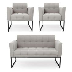 Kit 1 Sofá Namoradeira E 2 Poltronas Elisa Veludo Cinza Base Metálica Industrial Preto - D'rossi