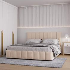 Cama com Cabeceira Queen Estofada Uvaia CabeCasa MadeiraMadeira Bege