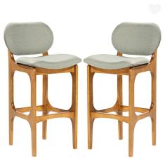 Kit 2 Banquetas Alta Estofada Rafine Madeira Maciça Castanho Linho Verde