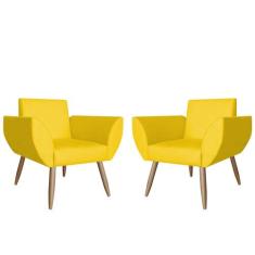 Kit 02 Poltronas Decorativas Flora Pés Palito Suede Amarelo - DS Estof