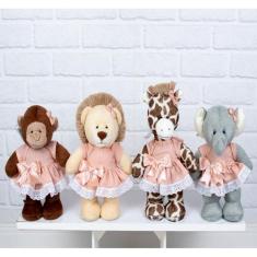 KIT SAFARI VESTIDO COM LESE PELUCIA EM PÉ 20cm - LEÃO, ELEFANTE, MACAC