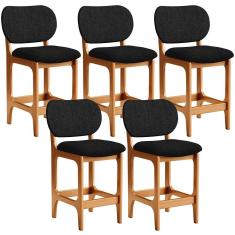 Kit 5 Banquetas Baixa Fixa Betta L02 Madeira Maciça Assento Linho Imbuia Lyam Decor