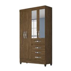 Guarda Roupa Solteiro com Espelho 4 portas 4 gavetas Castanho Wood / Avelã  Sobral - Moval