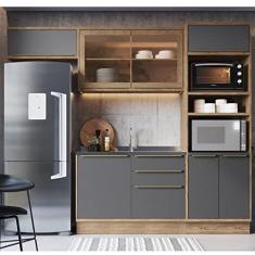 Cozinha Modulada 4 Peças 7 Portas 3 Gavetas com Divisor de Talheres 1 Nicho para Forno Viena Edez Louro Freijó/cinza Grafitto