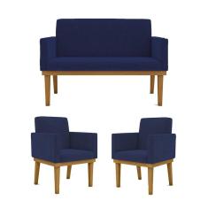 Kit Sofá Com Base Reforçada + 2 Poltronas Sala De Estar Cor:azul Marinho
