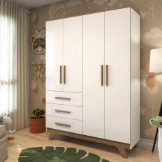 Guarda Roupa Infantil 4 Portas 3 Gavetas em MDF Kakau Retrô Móveis Peroba Branco Brilho/Carvalho Branco/Carvalho