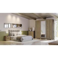 Guarda-roupa 3 Portas de Correr 2 Gavetas com Pés e Espelho Nogueira/fendi