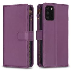 Capa com alça de pulso Xiaomi Poco M3, 9 compartimentos para cartão, 1 carteira de couro com zíper, função de suporte, fecho magnético, capa para celular compatível com Xiaomi Poco M3 4G 6,5 polegadas