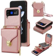 Carteira bolsa crossbody capa de telefone para Samsung Galaxy Z Flip 5 4 3 Flip5 Flip4 Flip3 5G porta-cartão com cordão capa de couro, rosa, para Galaxy Z Flip5