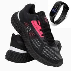 Tênis Preto e Cinza Feminino Gmm para Treino Academia Caminhada + Relógio-Feminino