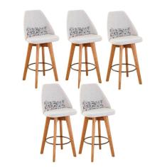 Kit 05 Banquetas Alta Maya Giratória Com Encosto Linho Bege Claro e Almofada Flores - Aurora Line