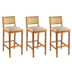 Kit 3 Banquetas Rattan com Pés em Madeira Maciça Ariel - Matos e Lopes