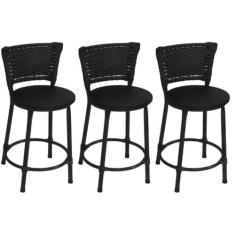 Kit 3 Banquetas Baixas Preta com Encosto Junco Preto Assento Preto - F