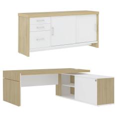 Mesa Escritório Em L E Balcão 2 Portas 3 Gavetas Corp A06 Carvalho-branco - Mpozenato