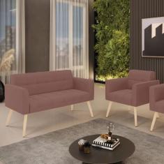 Kit 1 Sofá Namoradeira e 1 Poltrona Elisa Veludo Pés Palito Natural D0