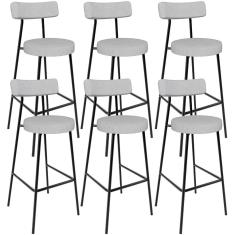 Kit 06 Banquetas Altas Cozinha Bar Sala De Jantar Em Aço Milão L02 Linho Cinza - Lyam Decor