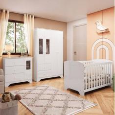 Quarto de Bebê Berço Americano Guarda Roupa e Cômoda com Janelas Retângulo 100% MDF Ayla Branco Brilho