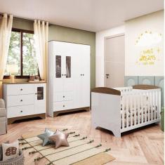 Quarto de Bebê Berço Americano Guarda Roupa e Cômoda com Janelas Retangulo 100% MDF Ayla Branco Brilho/Carvalho