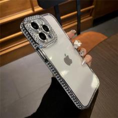 Capa de telefone com strass de diamante transparente galvanizado para iPhone 14 11 12 13 15 Pro Max Capa transparente de silicone, prata, para iPhone 14 Pro