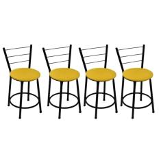 Kit 4 Banquetas Baixas Preta com Encosto Assento Amarelo