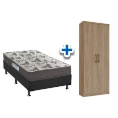 Cama Box Solteiro CRC + D33 Iso Ortobom + Armário Multiuso Margarida Rústico