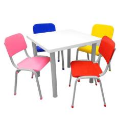 Mesa Lisa com 4 Cadeiras WP Kids Azul Vermelha Amarela Rosa - Work Pla