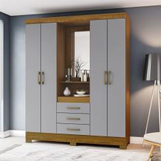 Guarda Roupa Casal Com Espelho 4 Portas 3 Gavetas Henn Móveis Henn Nature/cinza