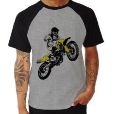 Camiseta Raglan Motocross Jump - Foca na Moda, Cinza, Preto, M