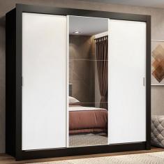 Guarda Roupa Casal Lyon 3 Portas de Correr 2 Gavetas MDP com Espelho Preto-branco Madesa