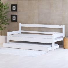 Sofá cama solteiro de madeira maciça com cama auxiliar e colchão Nemargi Branco