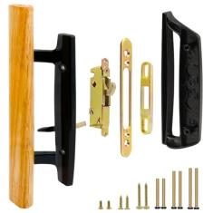 TPard Maçaneta de porta de vidro deslizante para pátio com trava de encaixe de 45°, puxadores internos de madeira de carvalho sem chave e puxador externo de zinco fundido, 3-15/40.6 cm H.C., sem mão,