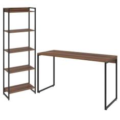 Kit Escritório Estante 5 Prateleiras Com Mesa 135Cm Nogal - LYAM DECOR