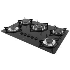 Cooktop a Gás Terim Trm 5b Tc 5 Bocas Vidro Temperado com Tripla Chama Flange Inox Preto Bivolt