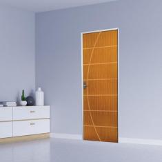 KIt Porta de Madeira Decorada 215x65cm com Batente de Aço 06cm Neblina MGM Mogno