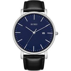 Burei Moda Masculina Relógio de Pulso Minimalista Data Analógica com Alça de Couro