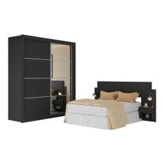 Guarda Roupas Casal Espelho E Cabeceira Com 2 Mesas De Cabeceira Multimóveis MP4327 Preto