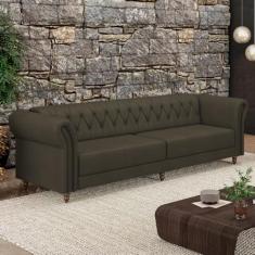 Sofá Living Sala de Estar Stanford Chesterfield 3 Lugares 260cm Pés de Madeira Couro Capuccino G58 - Gran Belo