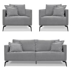 Kit 2 Poltronas e Sofá Living 2 Lugares 1,80m Sirius Linho Pés Metálic
